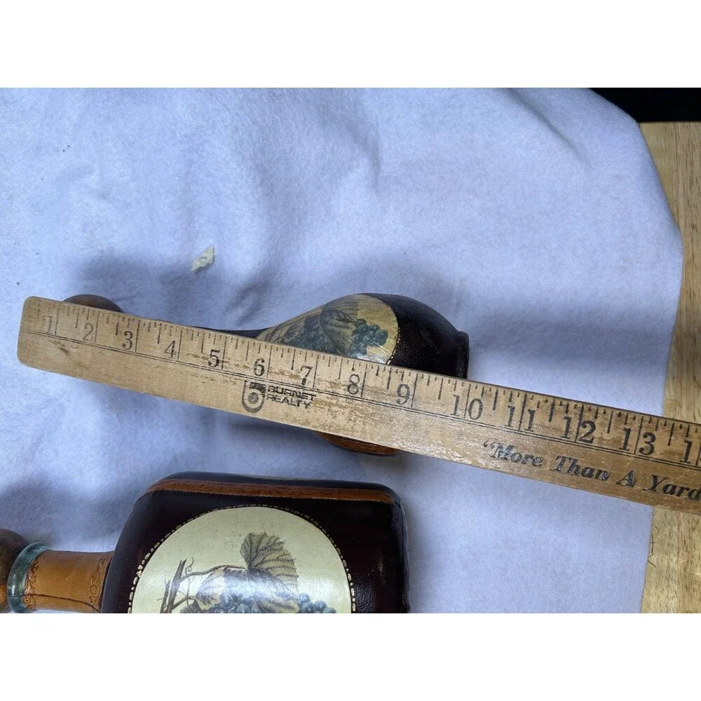 Two Vintage Italian brown Leather Covered Wine Bottle Bar Decanter Made In Italy